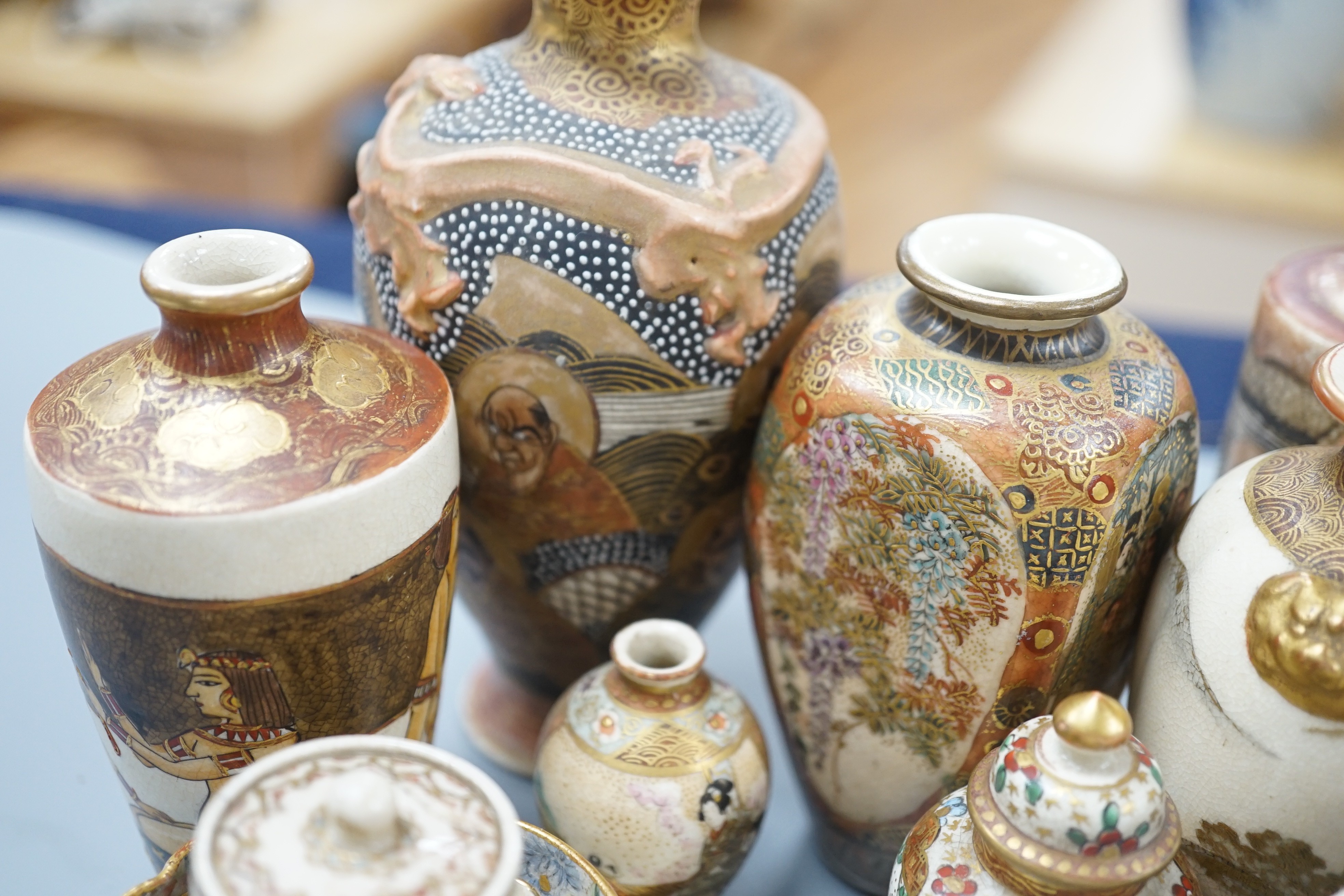 A group of small and miniature Satsuma pottery vases, koros and covers and dishes, late 19th/early 20th century, 3cm - 12cm